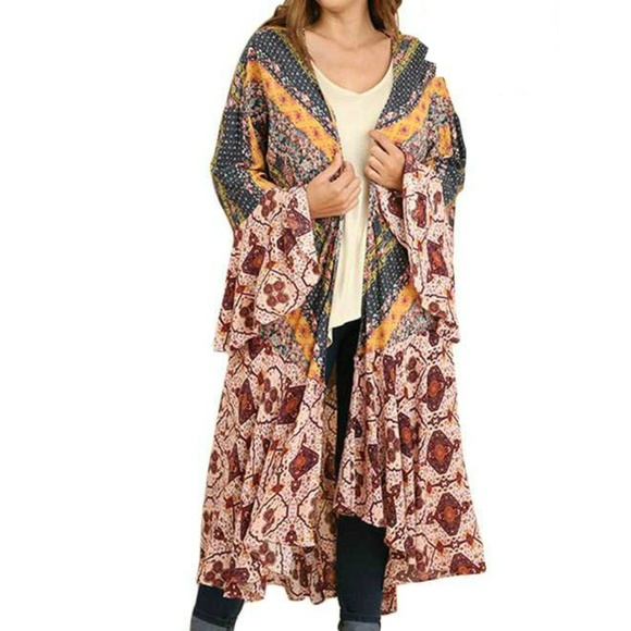 "Caravan" Mixed Print Bell Sleeve Long Line Kimono - Picture 3 of 7